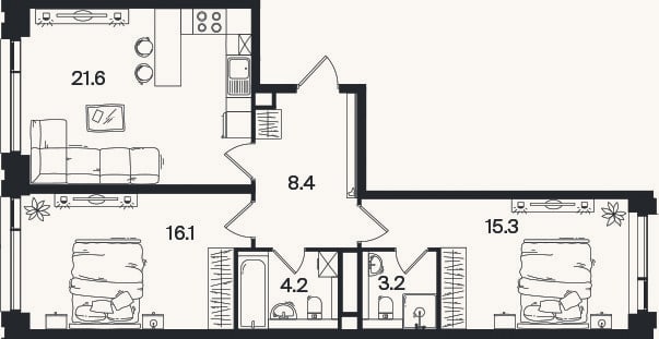 Планировка: 3-к, 68,8 м²