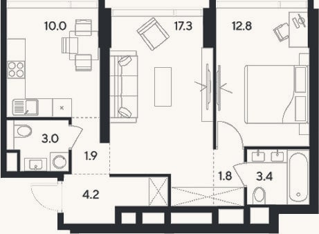 Планировка: 2-к, 54,4 м²