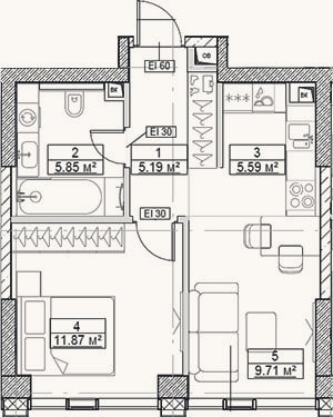 Планировка: 2-к, 38,2 м²