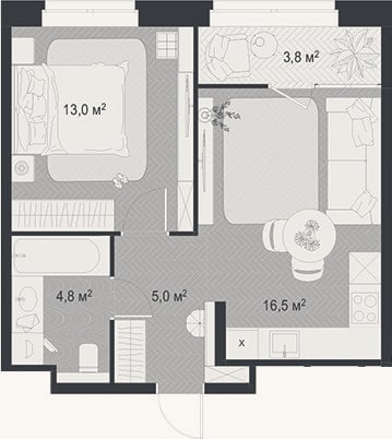 Планировка: 2-к, 39,3 м²