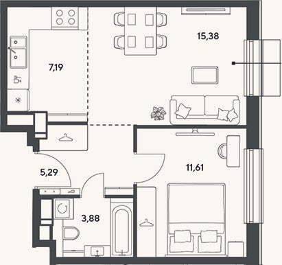Планировка: 2-к, 43,4 м²