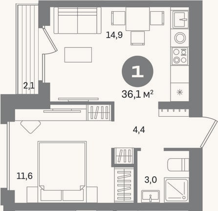 Планировка: 1-к, 34 м²
