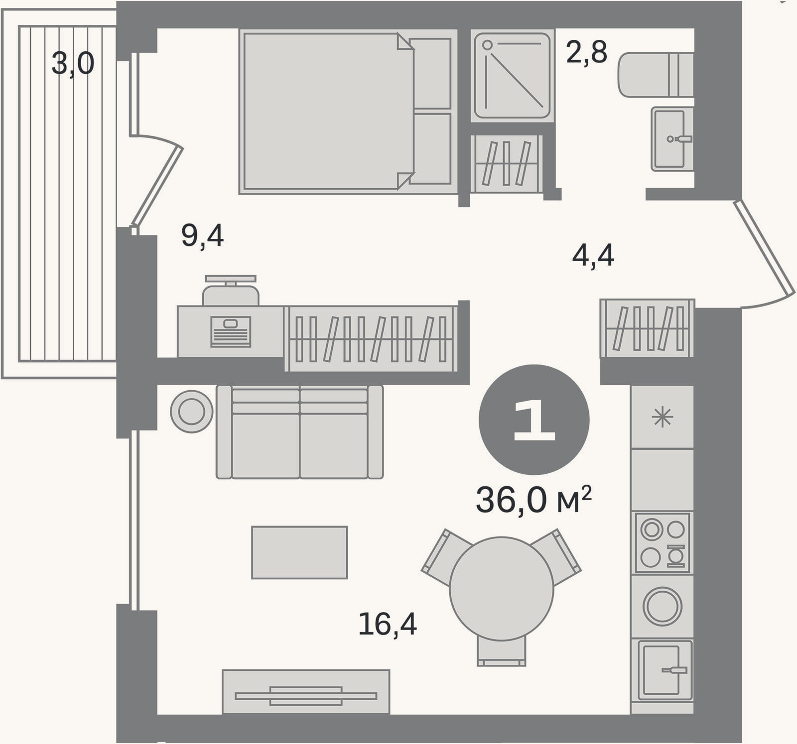 Планировка: 1-к, 33 м²