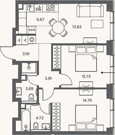 Планировка: 3-к, 62,7 м²