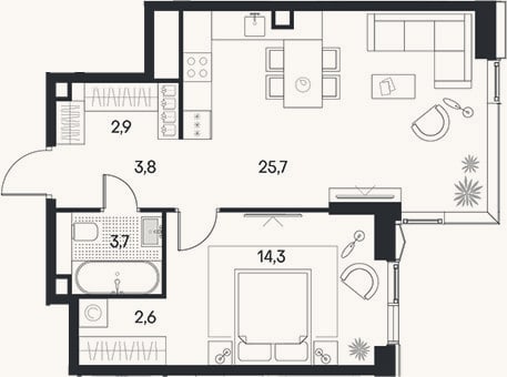 Планировка: 2-к, 53 м²