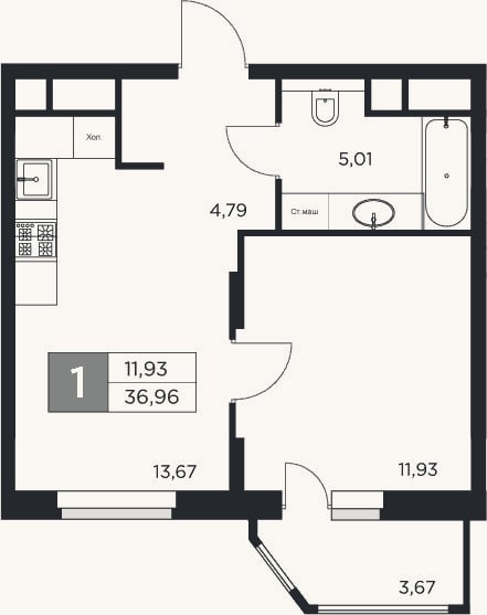 Планировка: 1-к, 35,1 м²