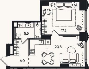 Планировка: 2-к, 49,5 м²