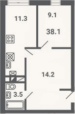 Планировка: 1-к, 38,1 м²