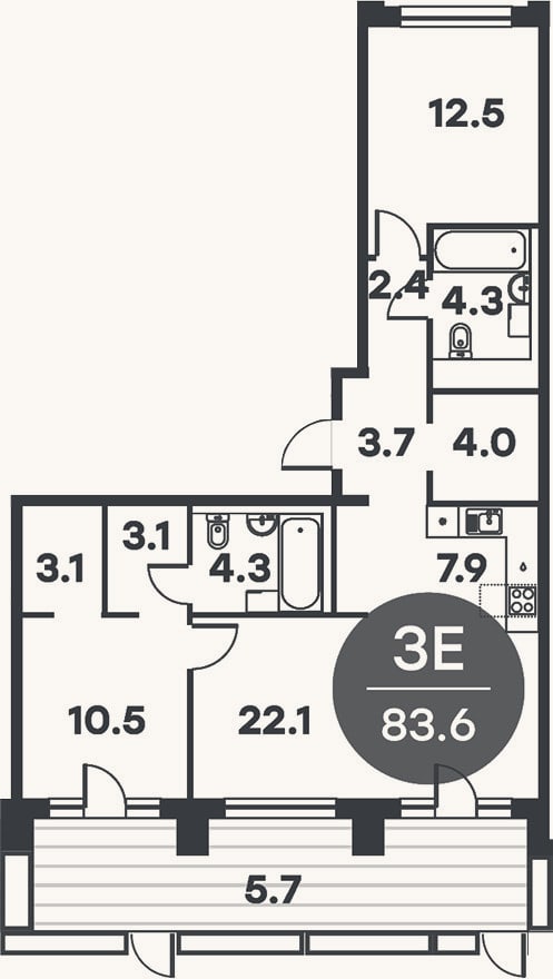 Планировка: 3-к, 82,4 м²