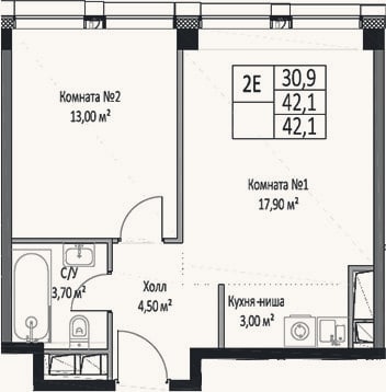 Планировка: 2-к, 42,1 м²