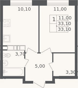 Планировка: 1-к, 33,1 м²