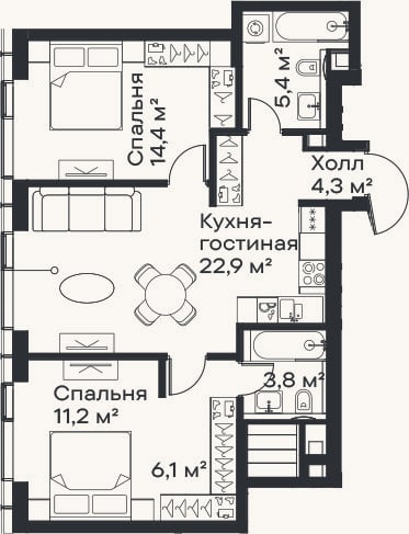Планировка: 3-к, 68,1 м²