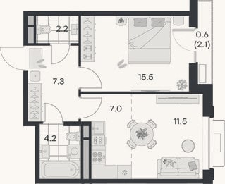 Планировка: 2-к, 47,7 м²
