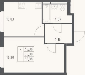 Планировка: 1-к, 35,4 м²