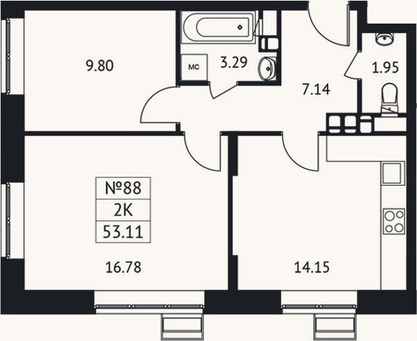 Планировка: 2-к, 53,1 м²