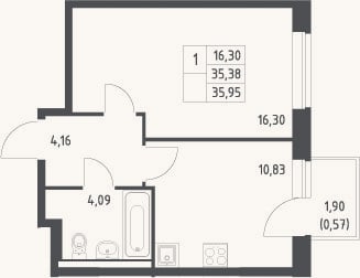 Планировка: 1-к, 35,4 м²