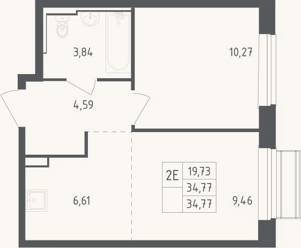 Планировка: 2-к, 34,8 м²