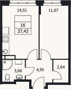 Планировка: 1-к, 37,4 м²