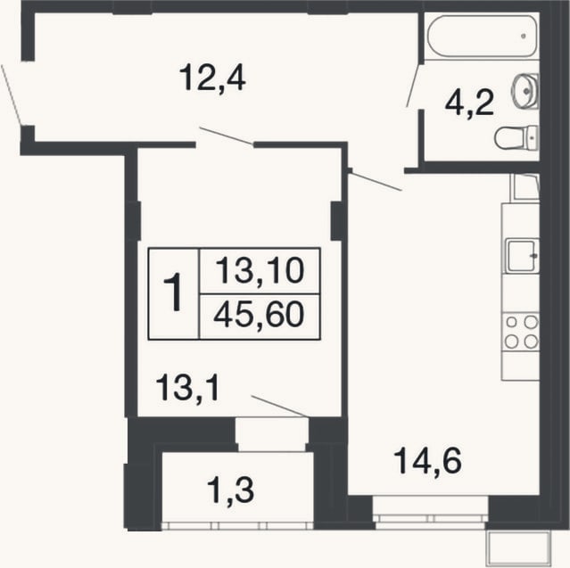Планировка: 1-к, 44,3 м²