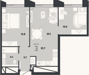 Планировка: 3-к, 51,7 м²
