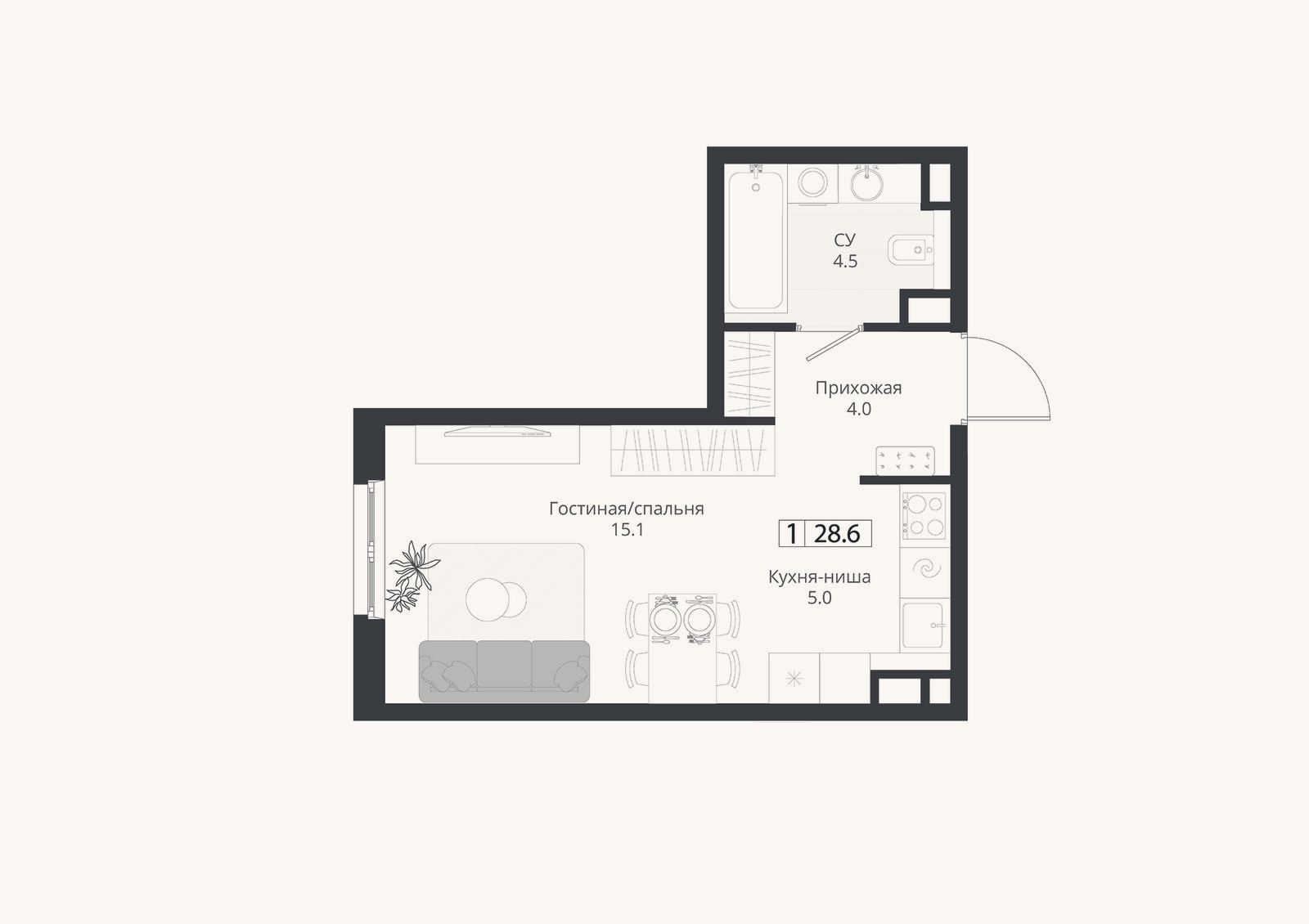 Планировка: Студия, 28,6 м²