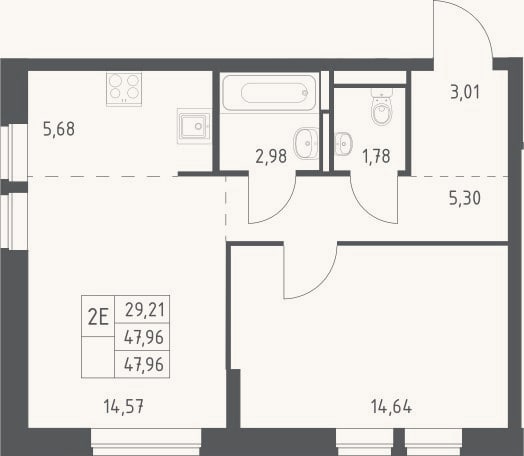 Планировка: 2-к, 48 м²