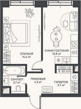 Планировка: 2-к, 38,9 м²