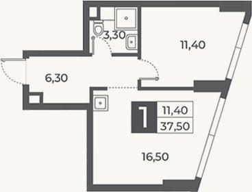 Планировка: 1-к, 37,5 м²