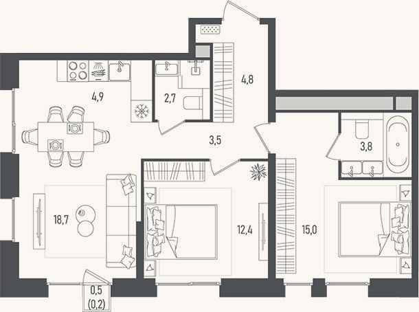 Планировка: 3-к, 65,8 м²