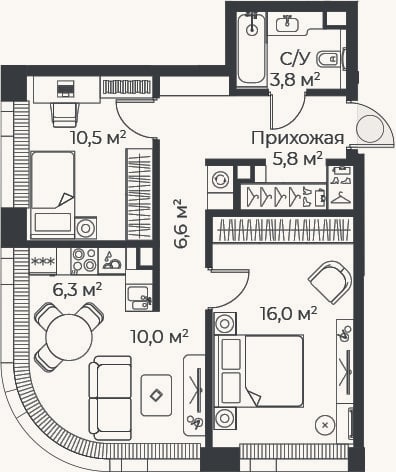 Планировка: 3-к, 59 м²
