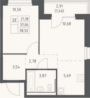 Планировка: 2-к, 37,1 м²