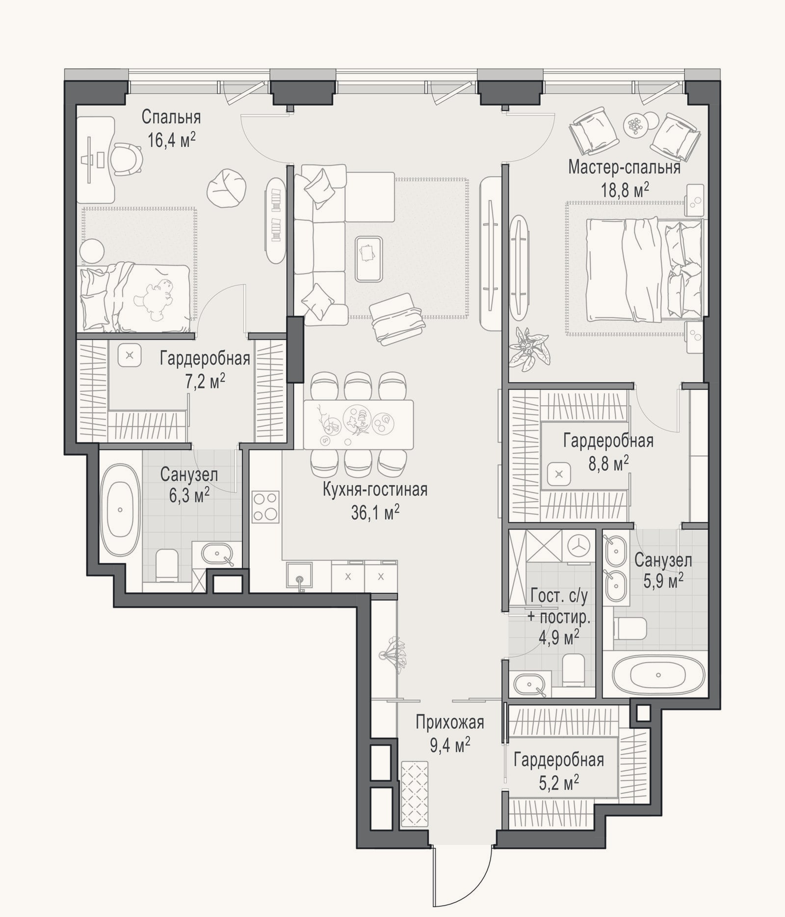 Планировка: 3-к, 120 м²