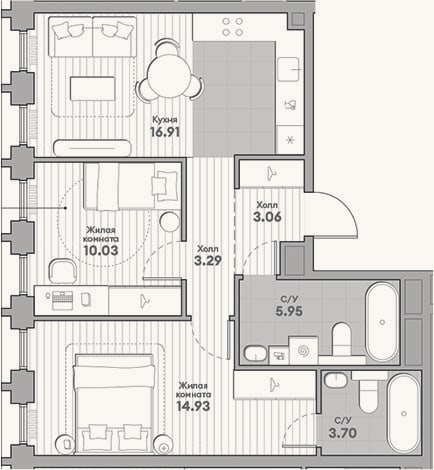 Планировка: 2-к, 57,9 м²