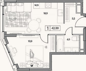 Планировка: 2-к, 42,3 м²