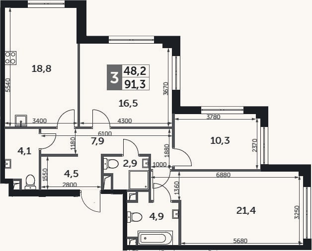 Планировка: 3-к, 91,3 м²