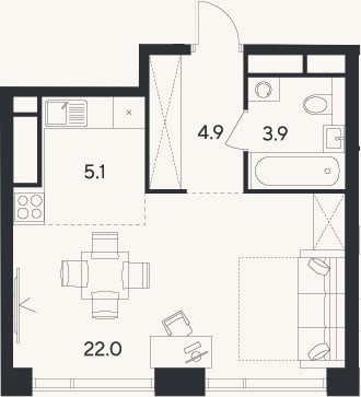 Планировка: Студия, 35,9 м²