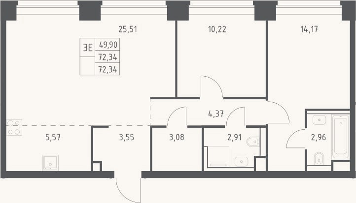 Планировка: 3-к, 72,3 м²