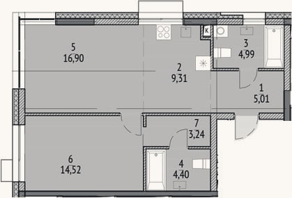 Планировка: 2-к, 58,4 м²