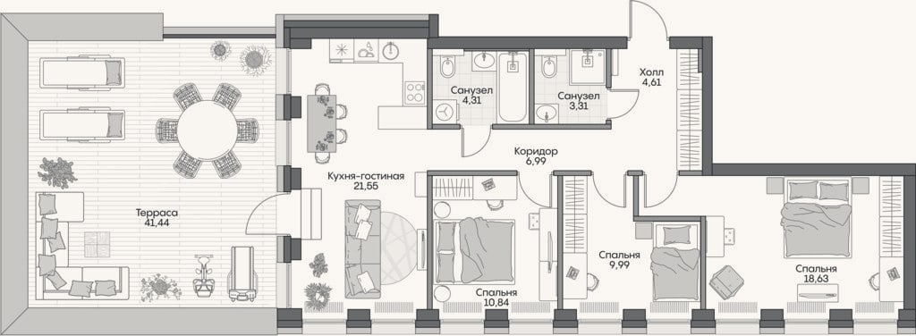 Планировка: 4+ к, 76,9 м²