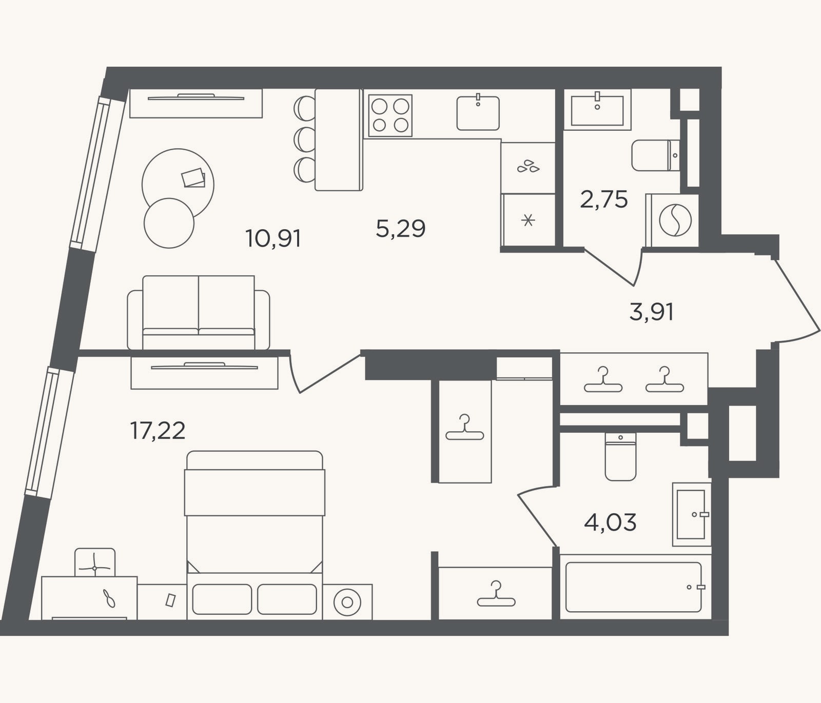 Планировка: 2-к, 44,1 м²