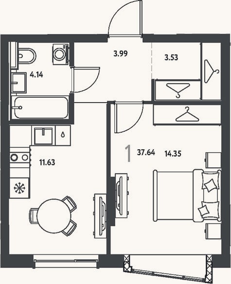 Планировка: 1-к, 37,6 м²