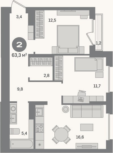 Планировка: 2-к, 62,1 м²