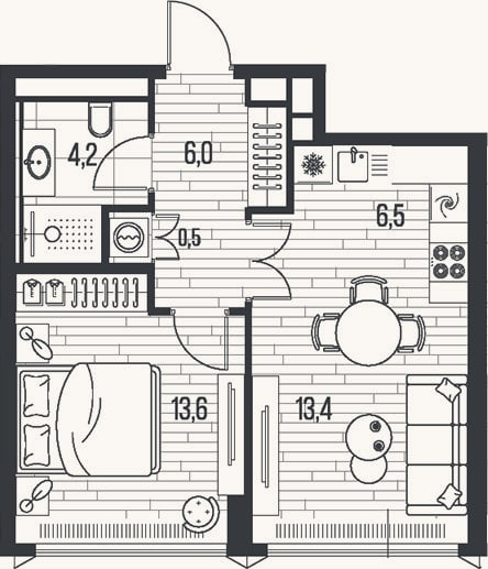 Планировка: 2-к, 44,2 м²