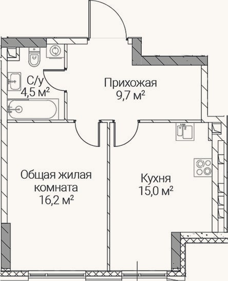 Планировка: 1-к, 45,4 м²