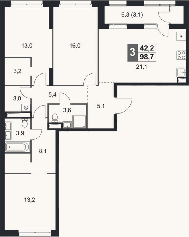 Планировка: 4+ к, 95,6 м²