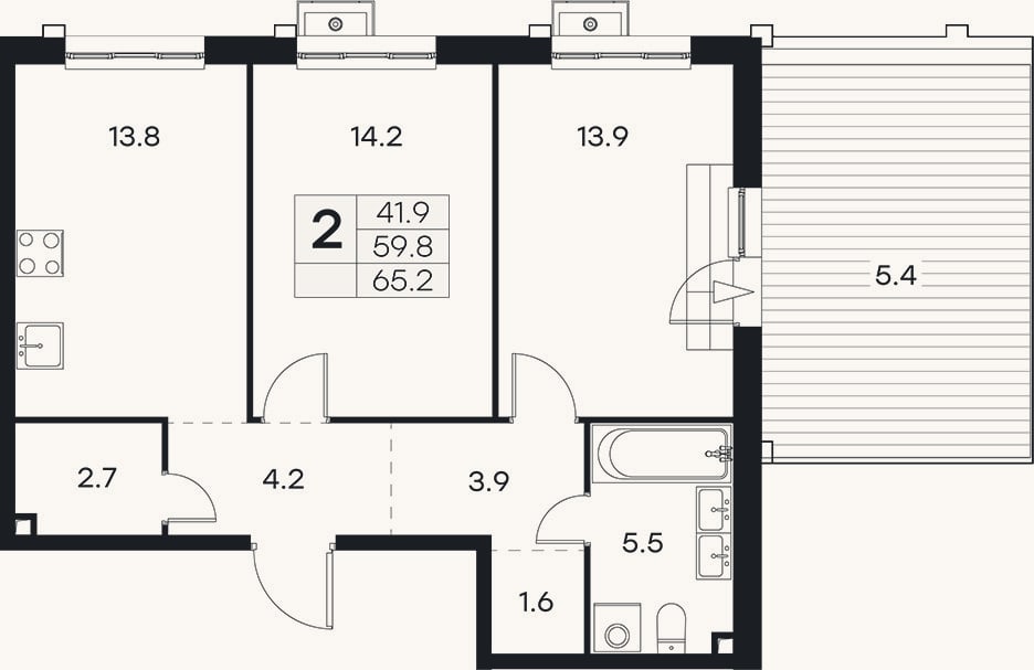 Планировка: 2-к, 59,8 м²