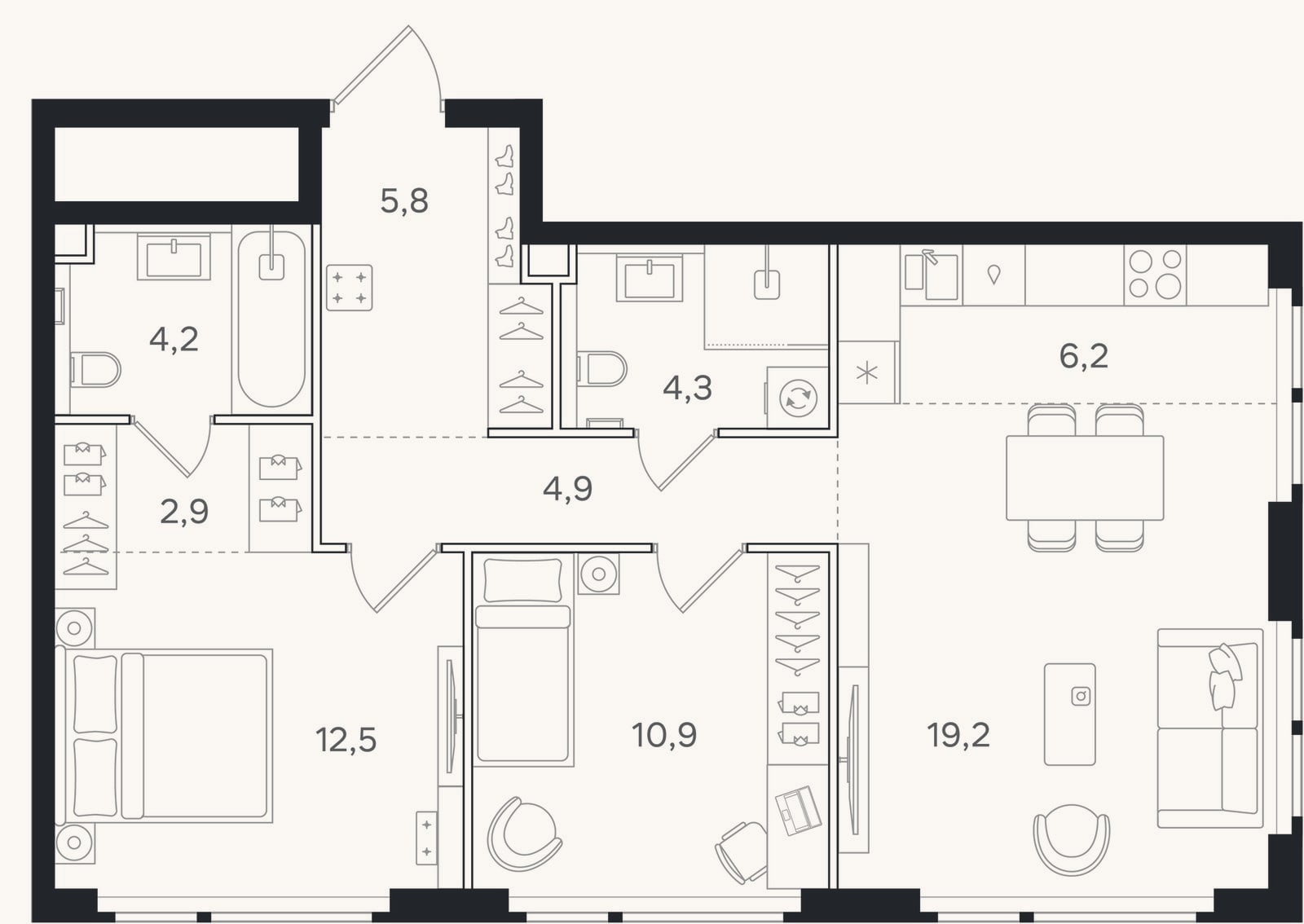 Планировка: 3-к, 70,9 м²