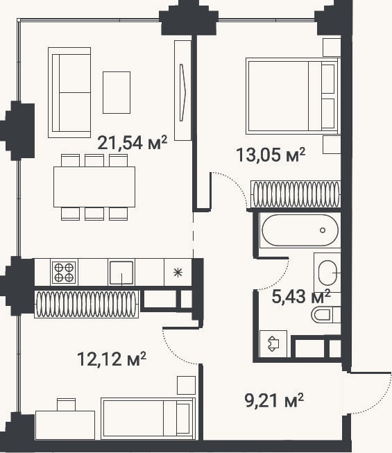 Планировка: 3-к, 59,9 м²