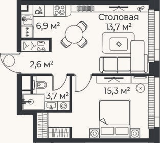 Планировка: 2-к, 42,2 м²