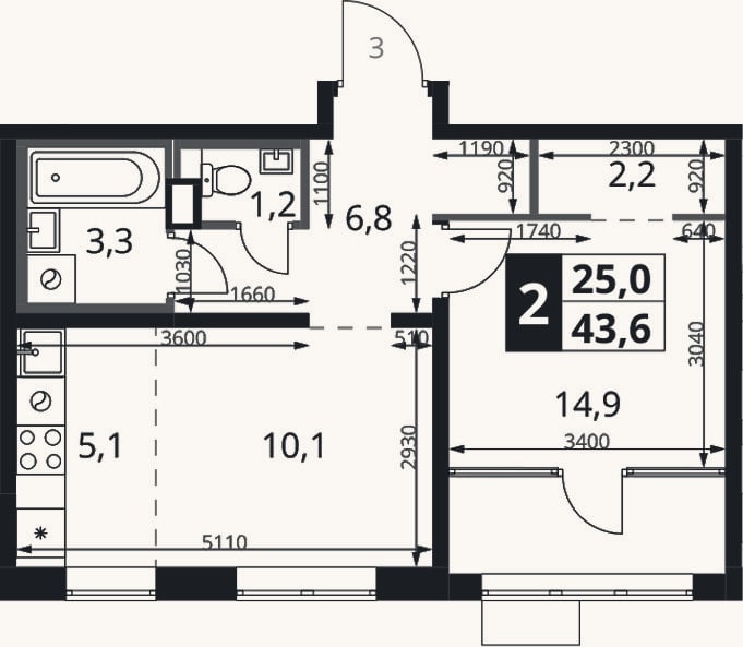 Планировка: 2-к, 43,6 м²